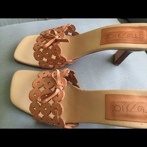 NWOT Tan Leather 3 1/2” heel Slides Sz. 10M